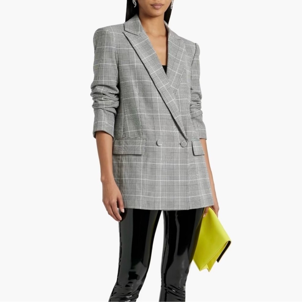 Alice + Olivia Arias Blazer Strong Shoulder Jacket Black White Glen Plaid - Picture 3 of 12